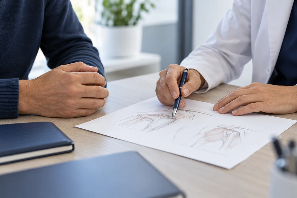 Discussing a diagram during a surgical consultation
