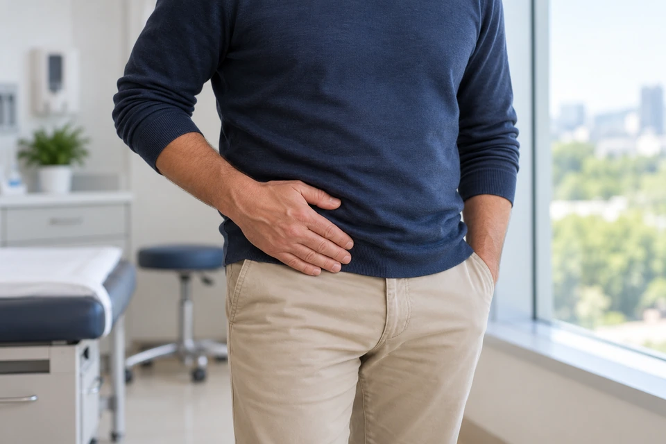 A fully clothed adult indicating the abdominal area