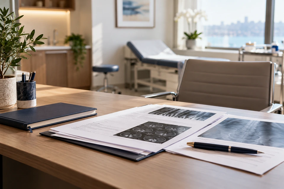 Medical reports and a notebook prepared for a consultation