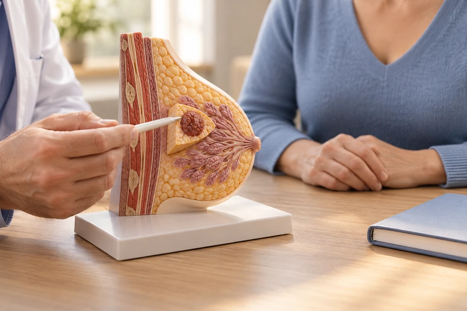 Showing the target area for lumpectomy on a breast-tissue model