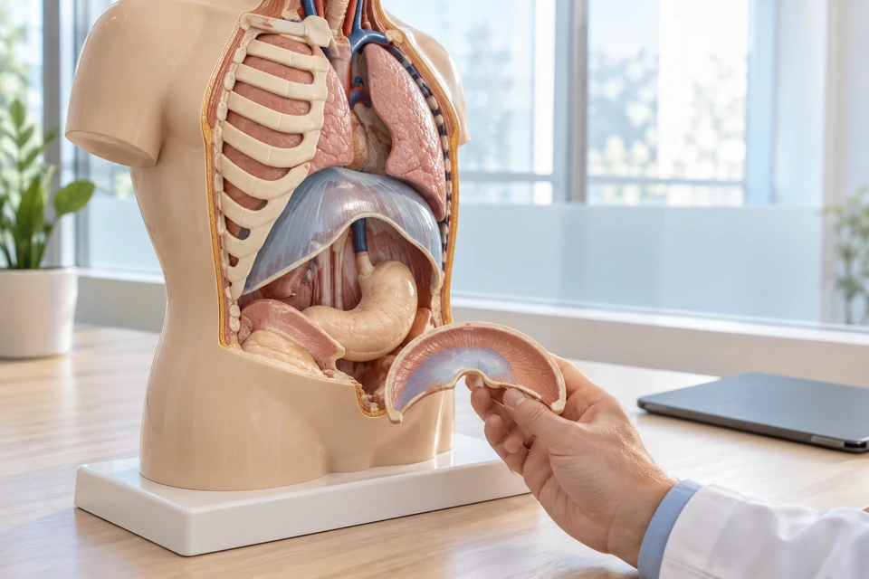 Planning with an anatomical model showing the diaphragm between chest and abdomen