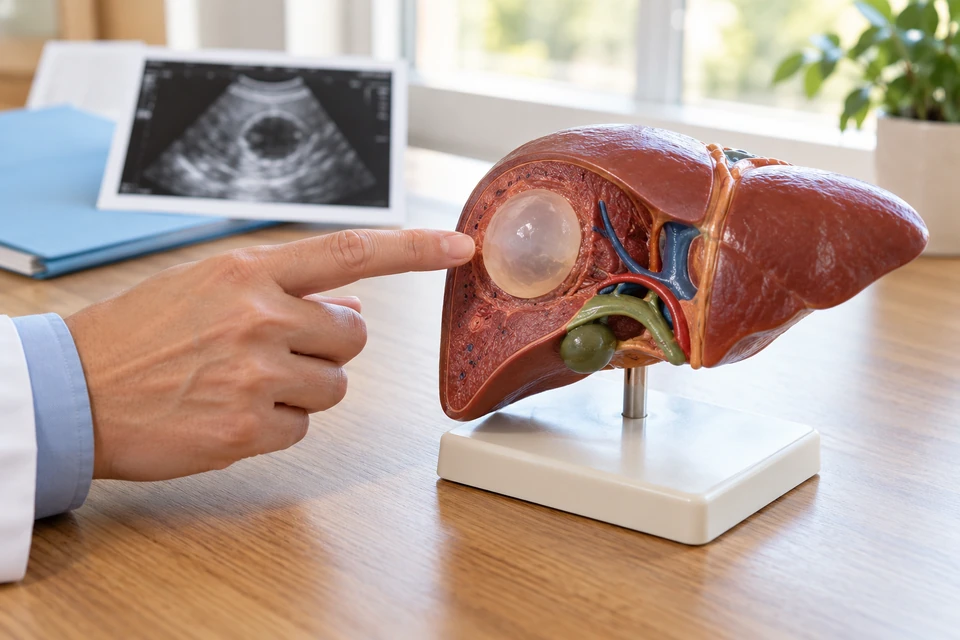 Karaciğer modeliyle kist değerlendirmesini anlatan klinik eğitim sahnesi