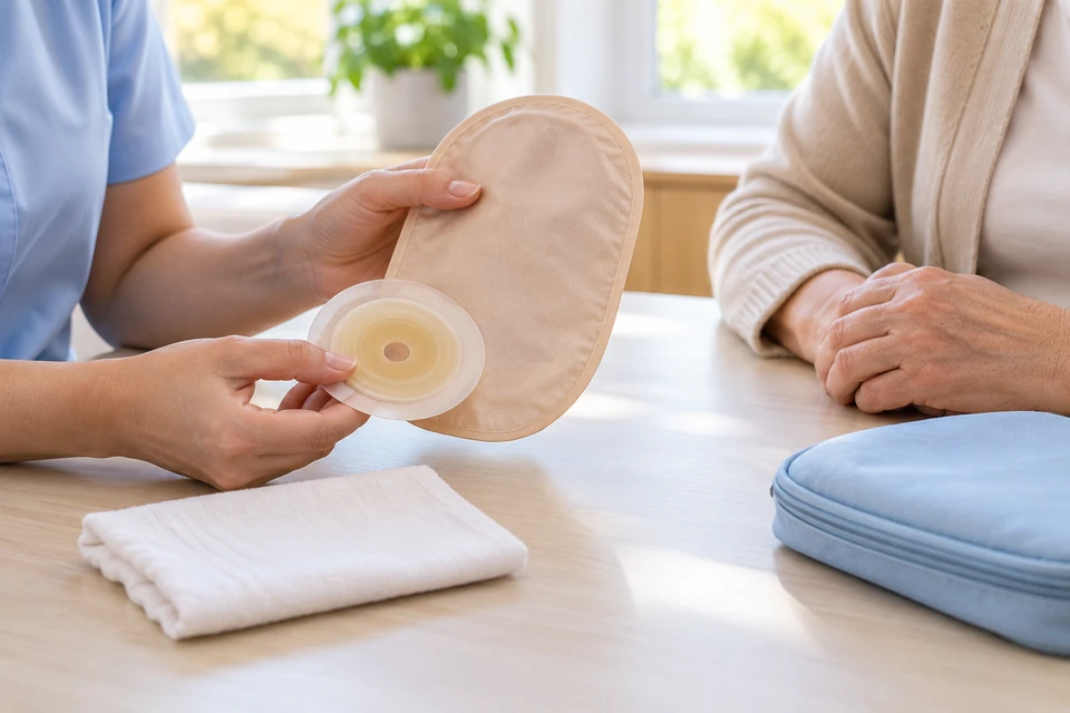 Demonstration of clean unused colostomy pouch supplies