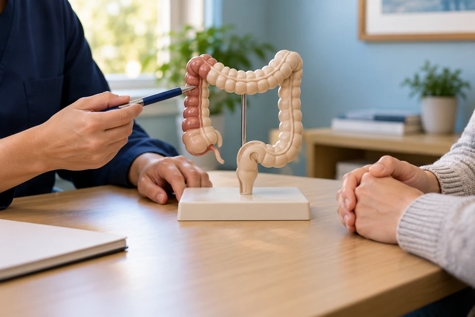 Discussing hemicolectomy planning with a colon model